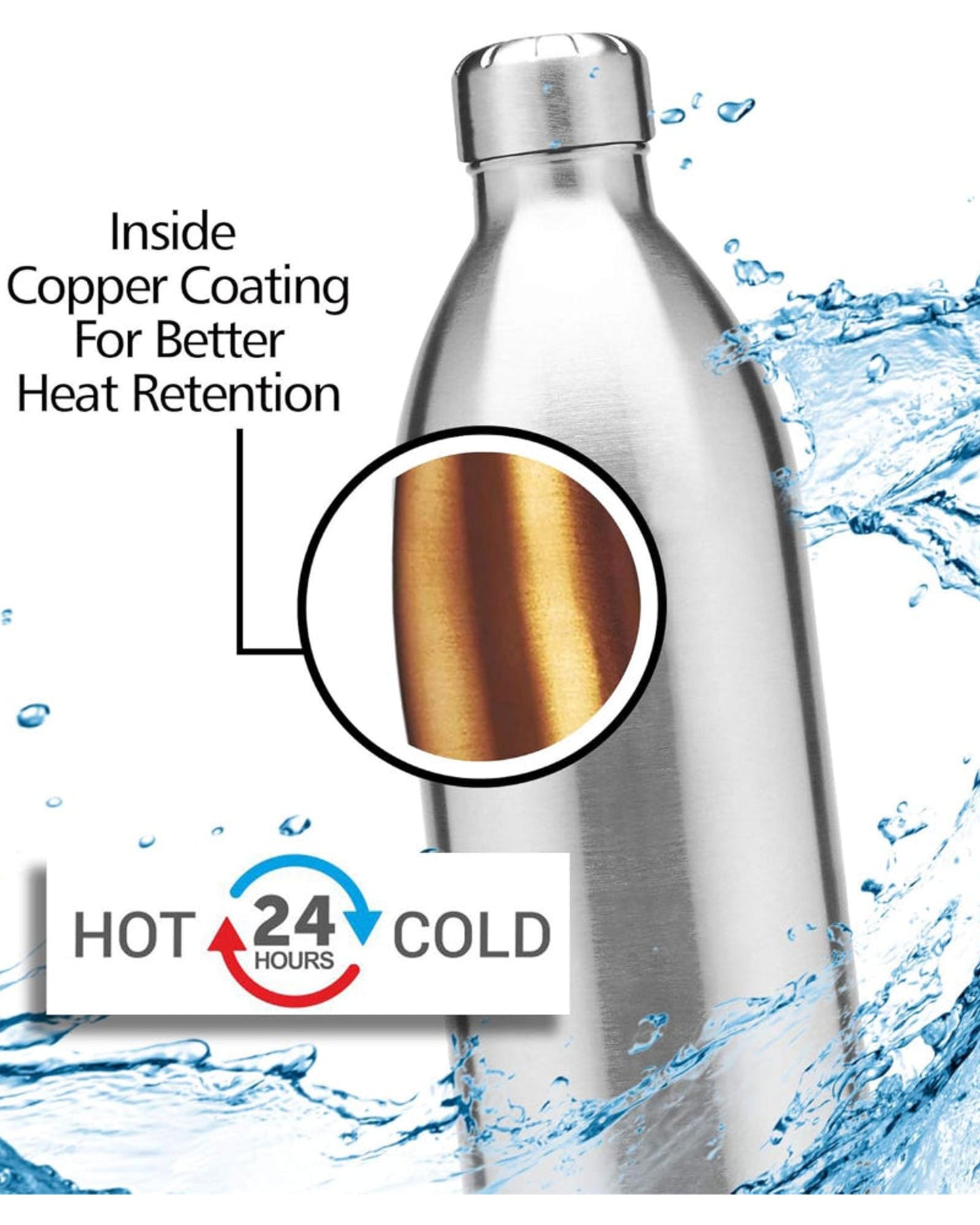 زجاجة مياه ميلتون معزولة بتفريغ الهواء سعة 1800 مل، مصنوعة من الفولاذ المقاوم للصدأ 18/8، تحافظ على المشروبات ساخنة وباردة لمدة 24 ساعة، ترمس مزدوج الجدار مع طلاء نحاسي داخلي - ديو ديلوكس - فضي