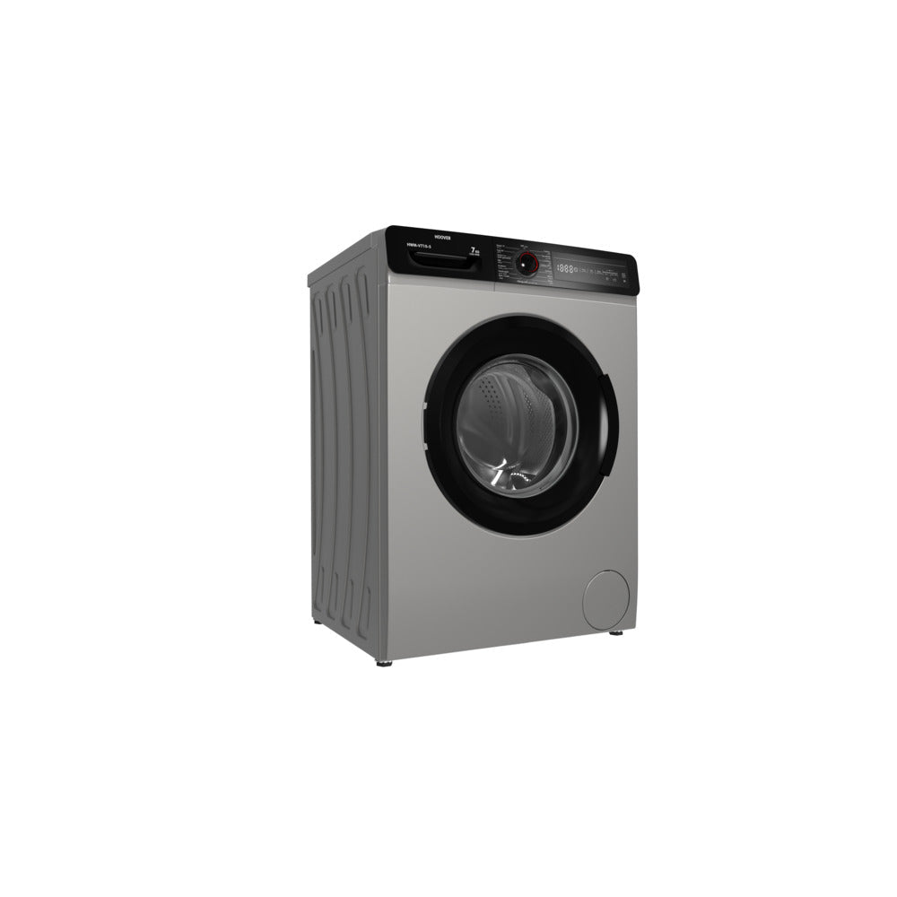 غسالة هوفر تحميل أمامي، سعة 7 كجم، أوتوماتيكية بالكامل، 1000 دورة في الدقيقة، 15 برنامجًا، حماية من الرغوة، قفل أمان للأطفال، نظام إيكو لوجيك، فضي، صنع في تركيا، ضمان لمدة عام، HWM-V710-S