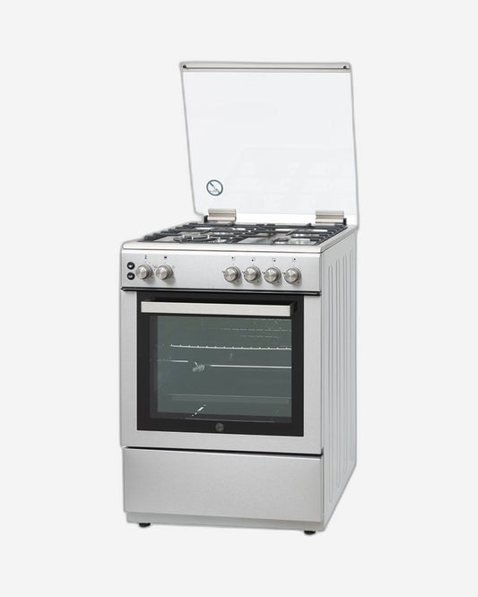 موقد غاز هوفر 60×60 - 4 شعلات، فرن غاز كامل مع شواية، شواية دوارة، إشعال ذاتي، دعامة مقلاة من الحديد الزهر، ميزات أمان، ستانلس ستيل، ضمان لمدة عام، صنع في تركيا