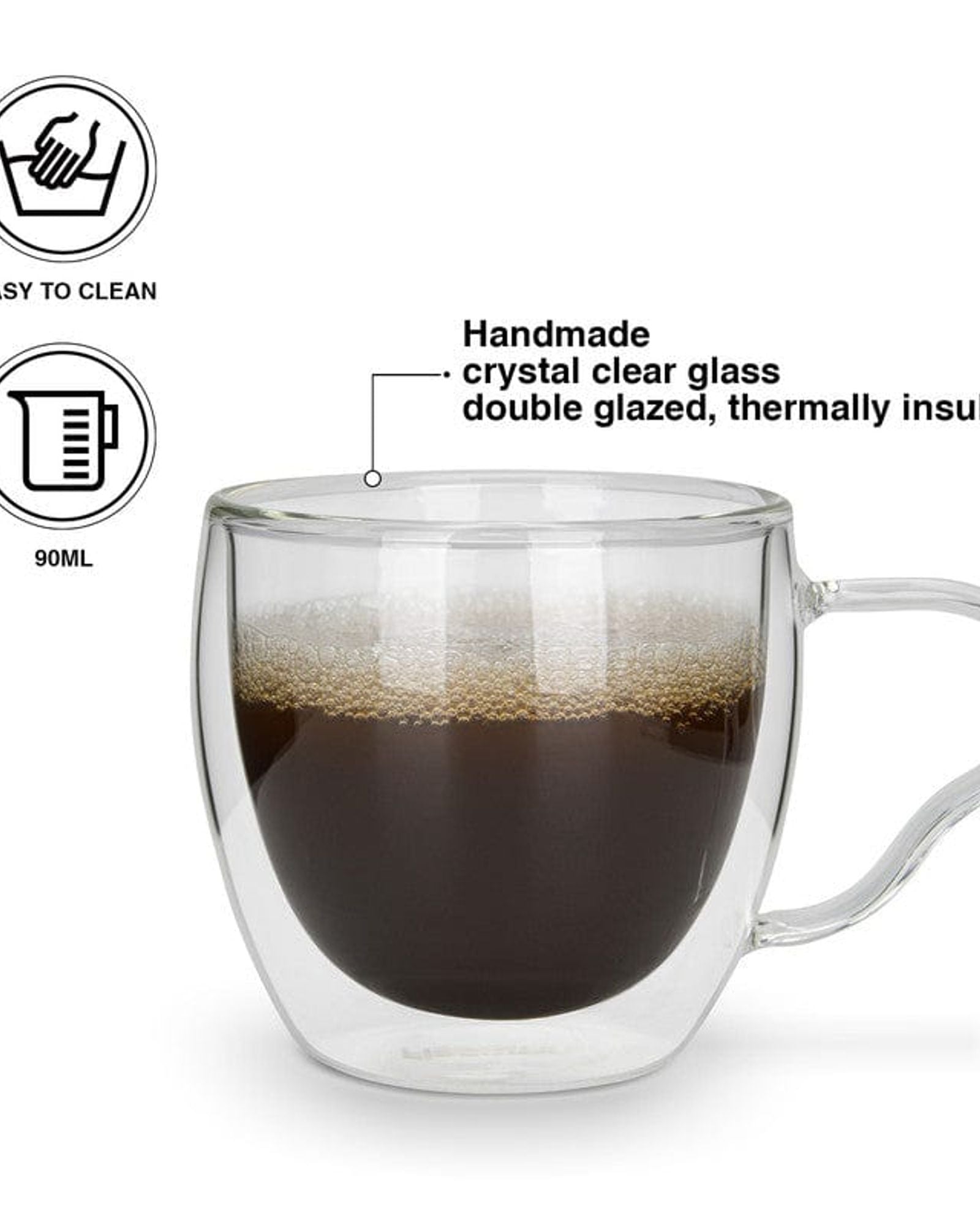 أكواب فيسمان مزدوجة الجدار من قطعتين، سعة 90 مل، مصنوعة من زجاج البورسليكات