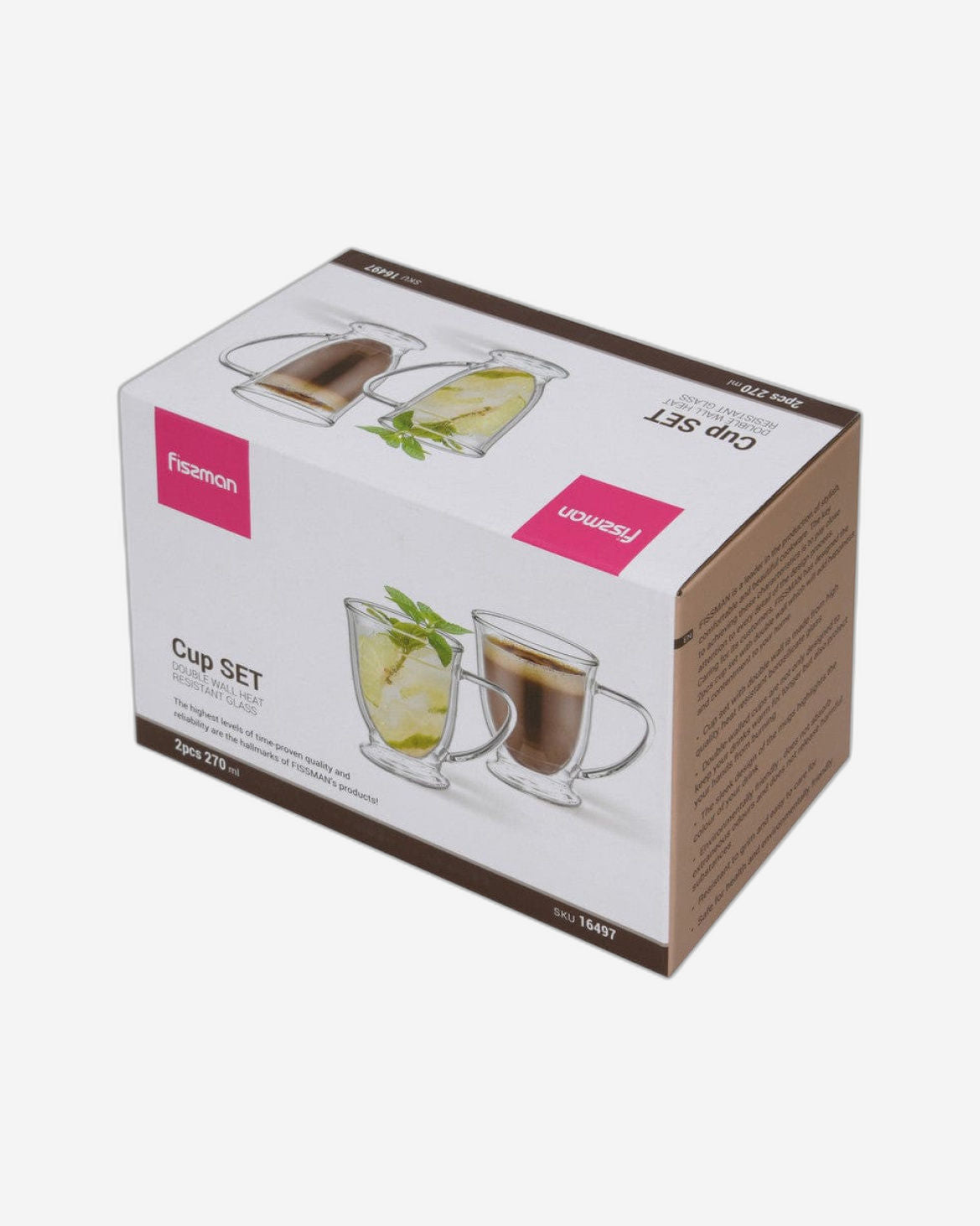 أكواب فيسمان مزدوجة الجدار من قطعتين، سعة 270 مل، مصنوعة من زجاج البورسليكات