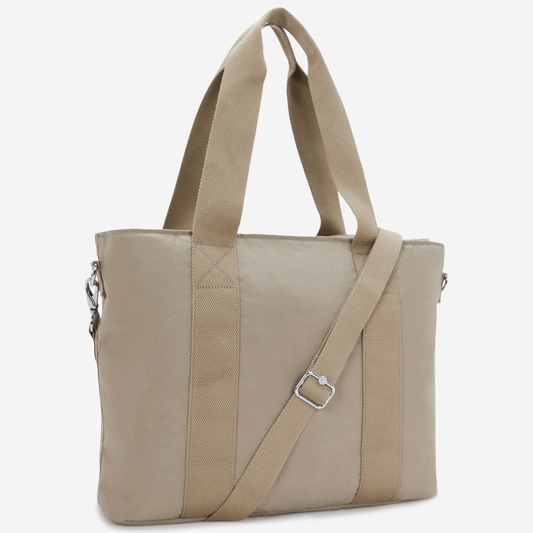 KIPLING حقيبة يد كبيرة ناعمة بلون رمادي ترابي فاتح (مع حزام كتف قابل للإزالة) I8258-4PW