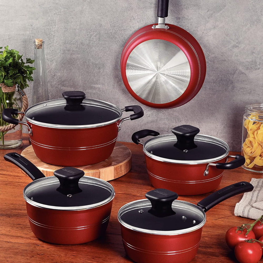 طقم أواني طهي من الألومنيوم بلون البندق من ترامونتينا برازيل سيسيليا، 9 قطع، مع طلاء ستارفلون ممتاز غير لاصق خالٍ من حمض بيرفلورو الأوكتانويك (PFOA) من الداخل والخارج