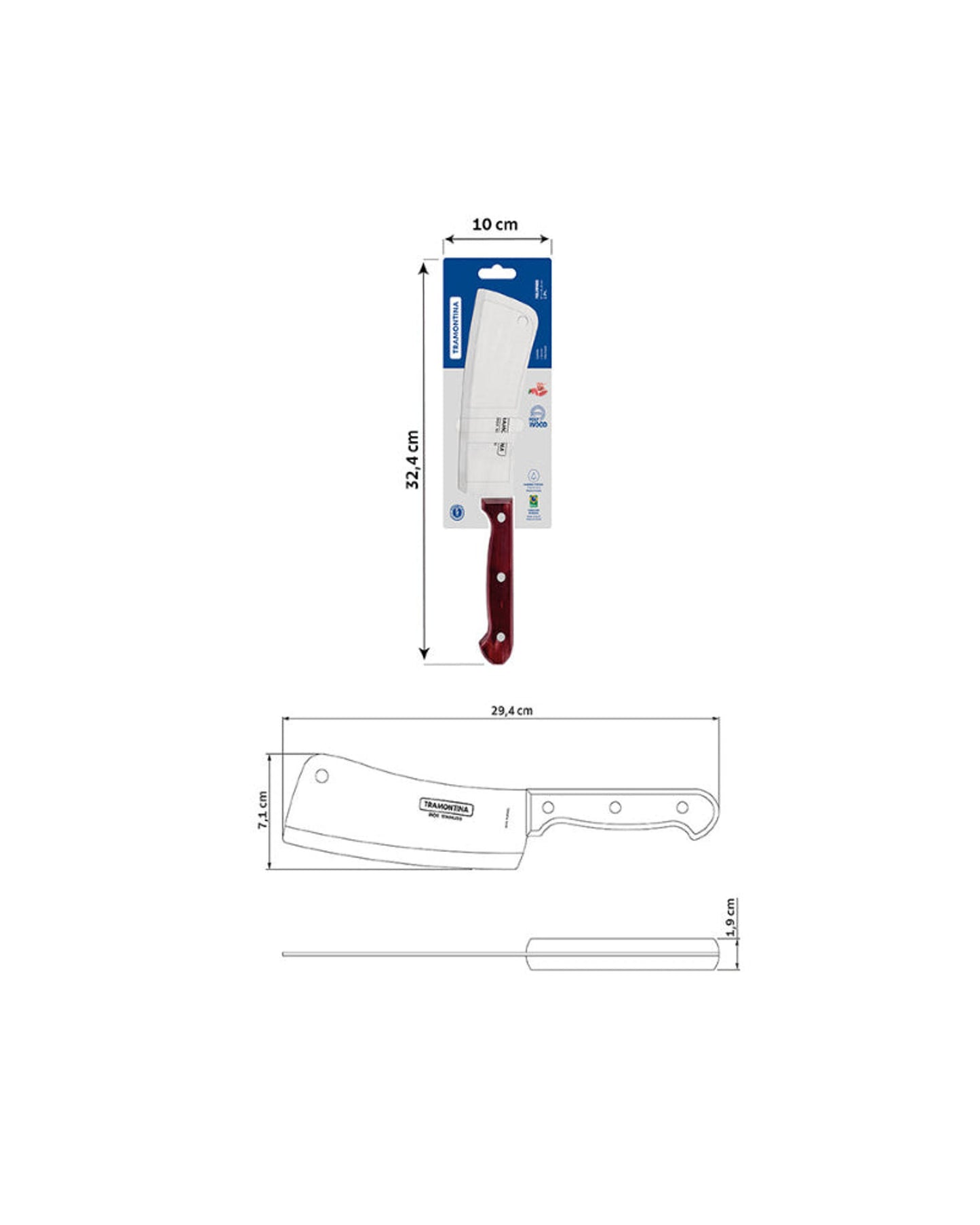 ساطور ترامونتينا بولي وود 6 بوصات بشفرة من الفولاذ المقاوم للصدأ ومقبض من الخشب المعالج باللون الأحمر