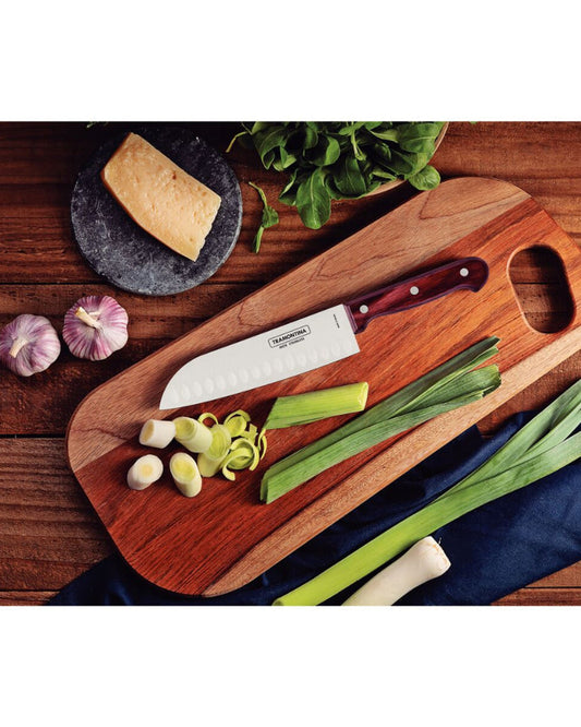 سكين ترامونتينا سانتوكو 7 بوصة بشفرة من الفولاذ المقاوم للصدأ ومقبض من خشب البولي وود الأحمر المعالج