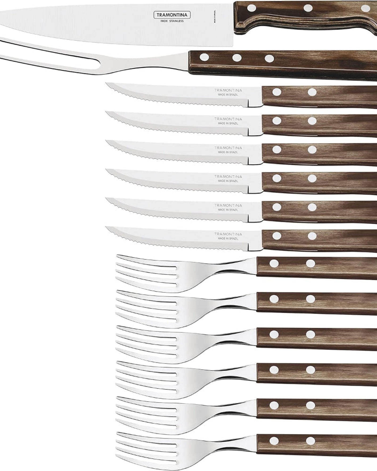 طقم أدوات شواء ترامونتينا برازيل تشوراسكو، 14 قطعة، من الفولاذ المقاوم للصدأ، بمقابض من الخشب البني المعالج