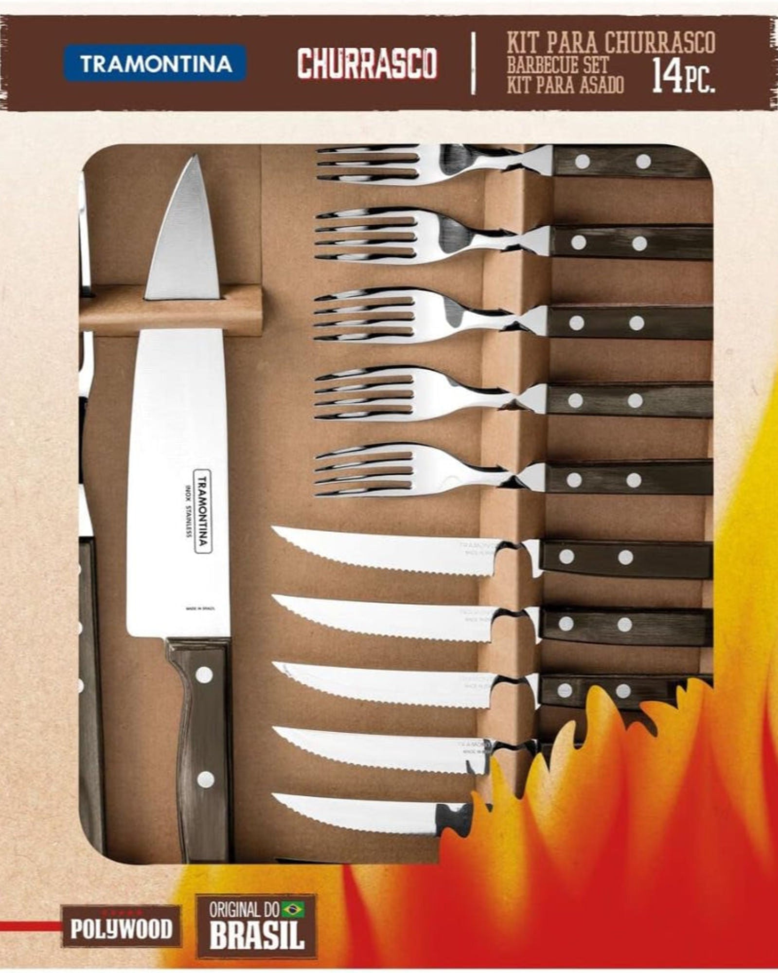 طقم أدوات شواء ترامونتينا برازيل تشوراسكو، 14 قطعة، من الفولاذ المقاوم للصدأ، بمقابض من الخشب البني المعالج