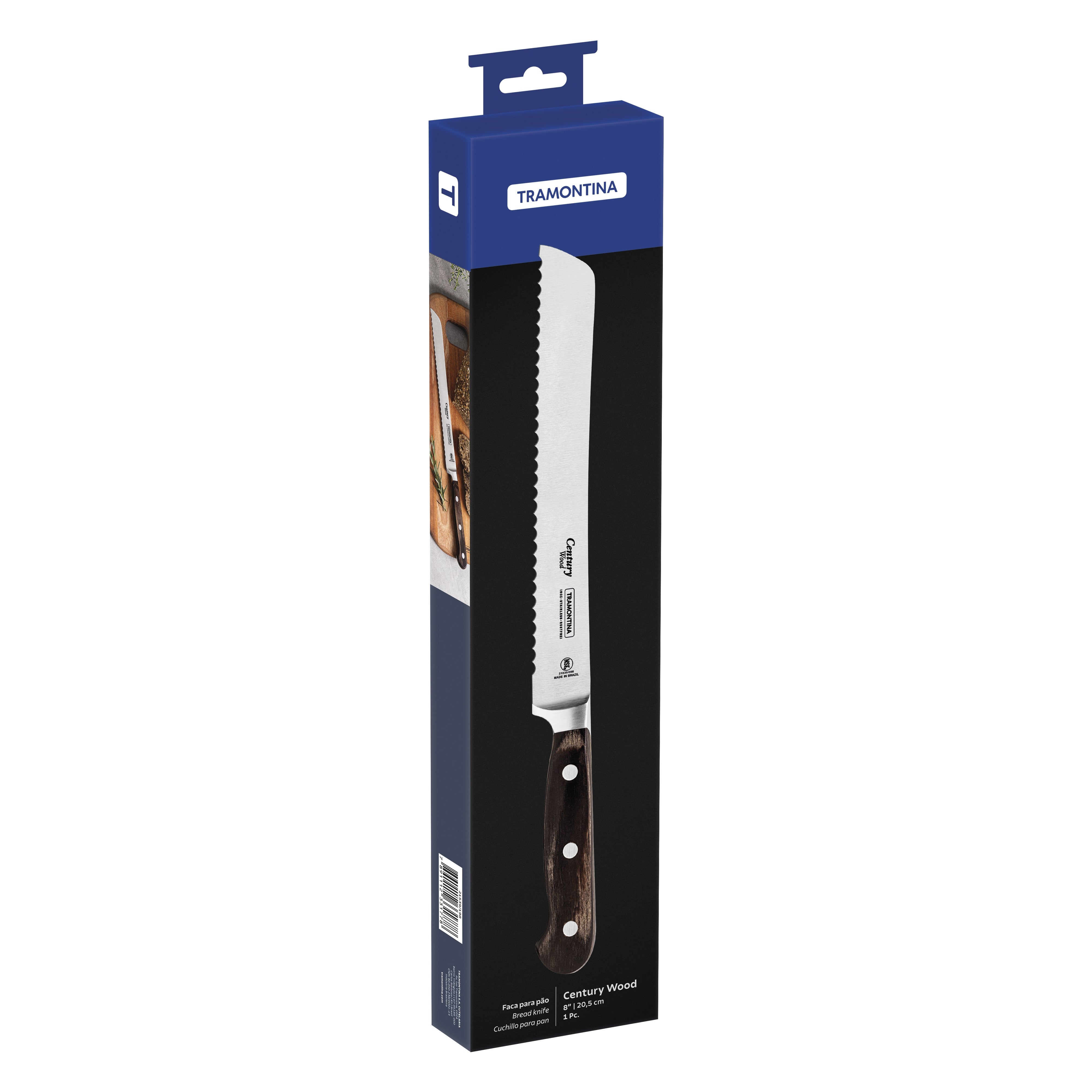 سكين خبز ترامونتينا برازيل سينشري وود بشفرة من الفولاذ المقاوم للصدأ ومقبض من الخشب المعالج باللون البني، مقاس 8 بوصات
