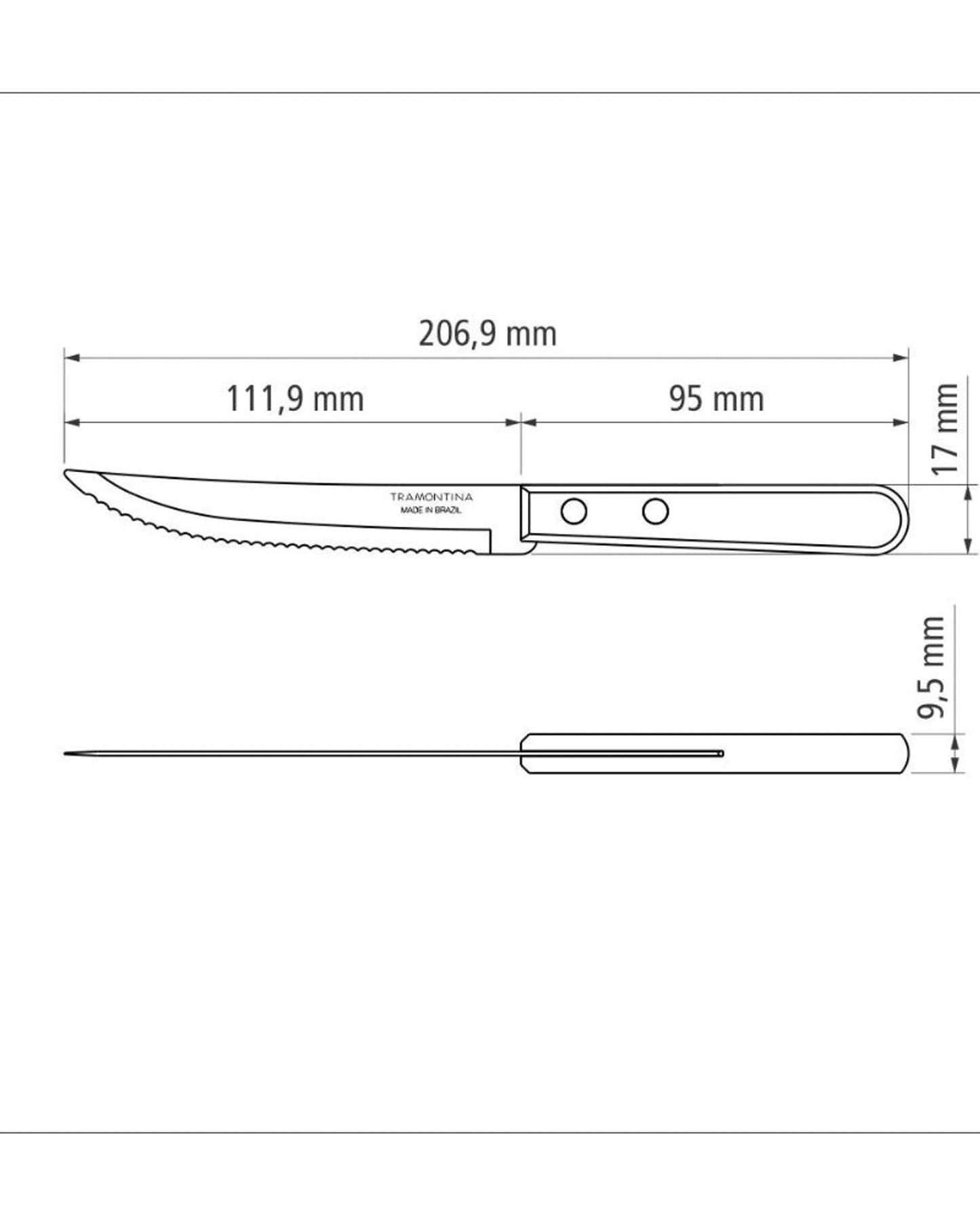 طقم سكاكين شرائح اللحم من ترامونتينا ديناميك، مكون من 6 قطع، بشفرات من الفولاذ المقاوم للصدأ ومقابض من الخشب الطبيعي.