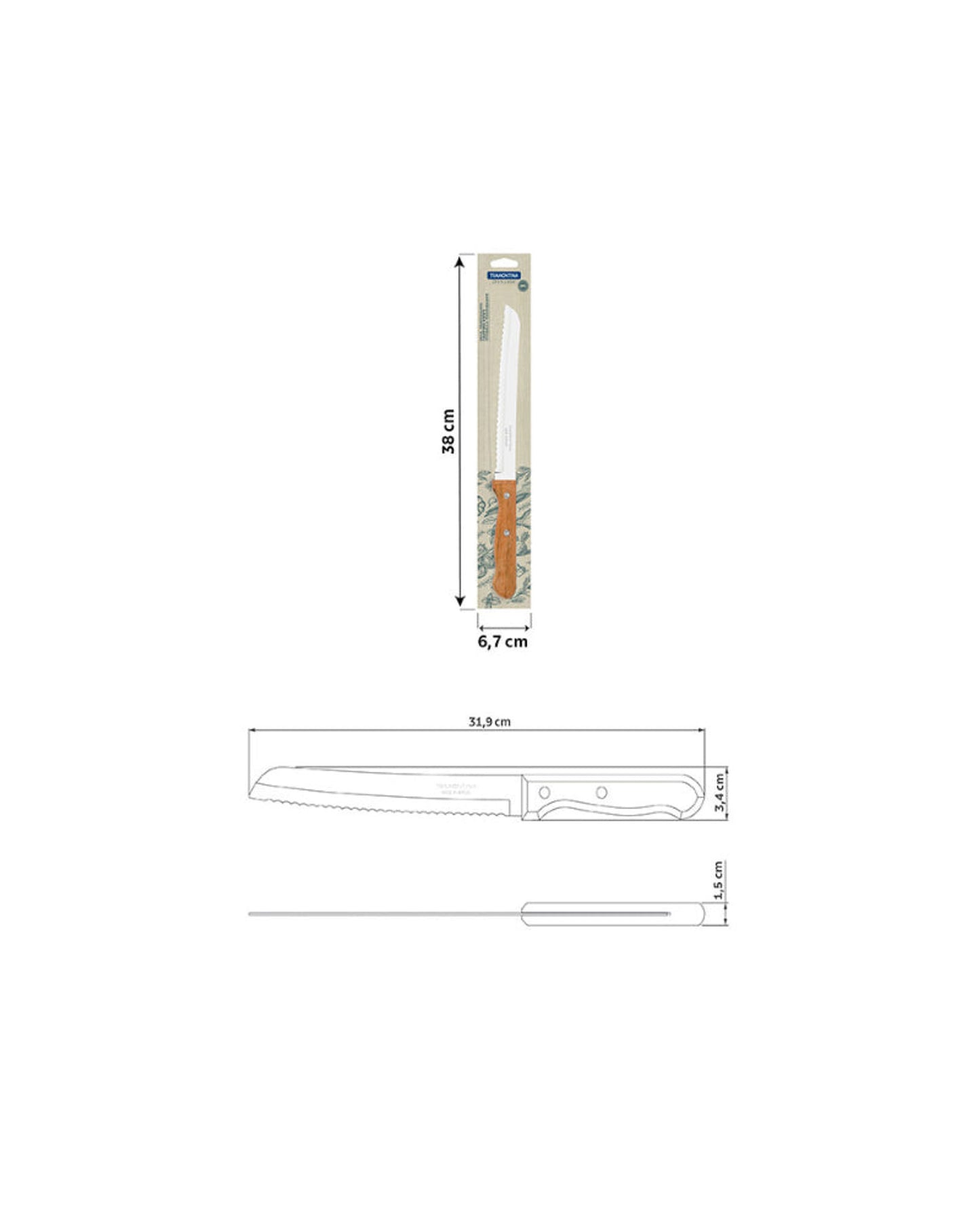 سكين خبز ترامونتينا ديناميك 8 بوصة بشفرة من الفولاذ المقاوم للصدأ ومقبض من الخشب الطبيعي