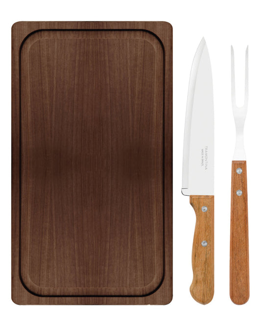 طقم شواء ترامونتينا مكون من 3 قطع بشفرات من الفولاذ المقاوم للصدأ ومقابض من الخشب الطبيعي