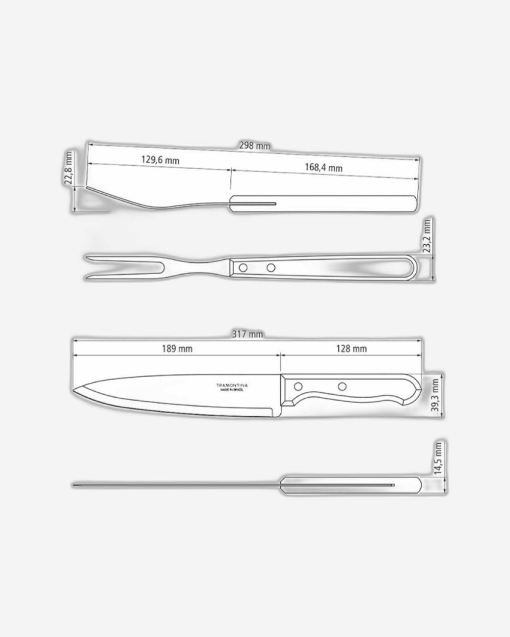 طقم شواء ترامونتينا مكون من 3 قطع بشفرات من الفولاذ المقاوم للصدأ ومقابض من الخشب الطبيعي