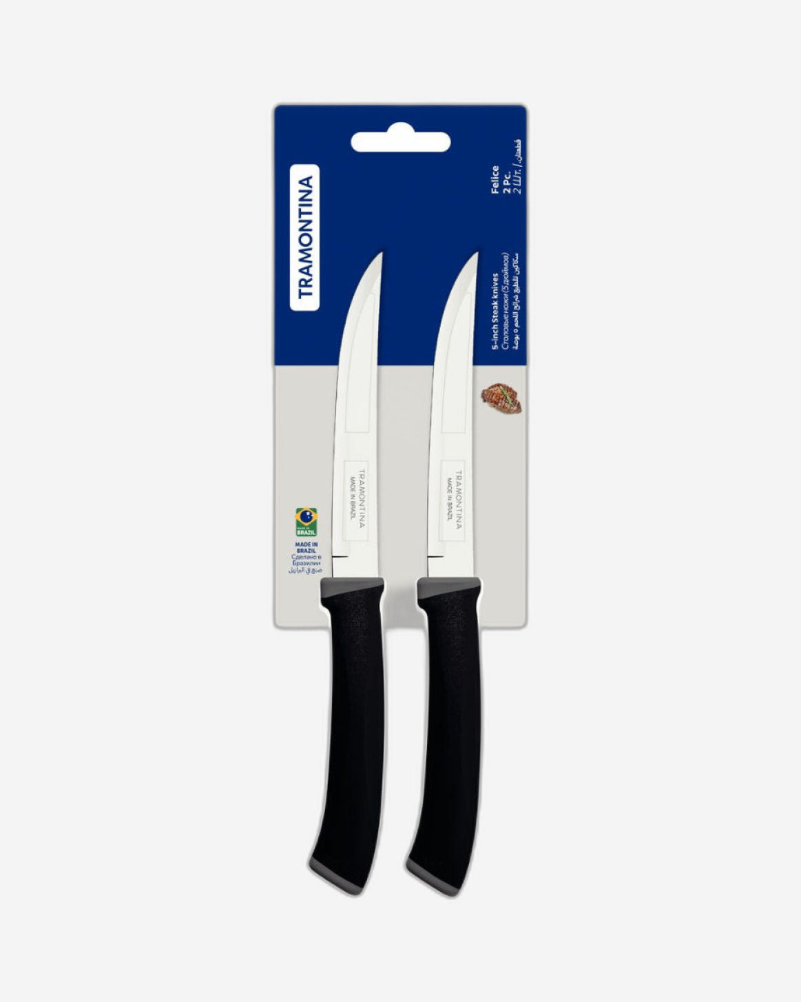 طقم سكاكين شرائح اللحم من ترامونتينا فيليس، قطعتان، بشفرات من الفولاذ المقاوم للصدأ، وحواف مستقيمة، ومقابض من البولي بروبيلين الأسود.