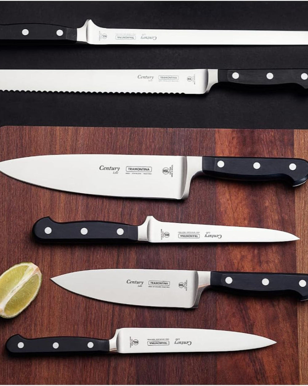 سكين ترامونتينا برازيل سينشري متعدد الاستخدامات، مقاس 8 بوصات، بشفرة من الفولاذ المقاوم للصدأ ومقبض من البولي كربونات الأسود