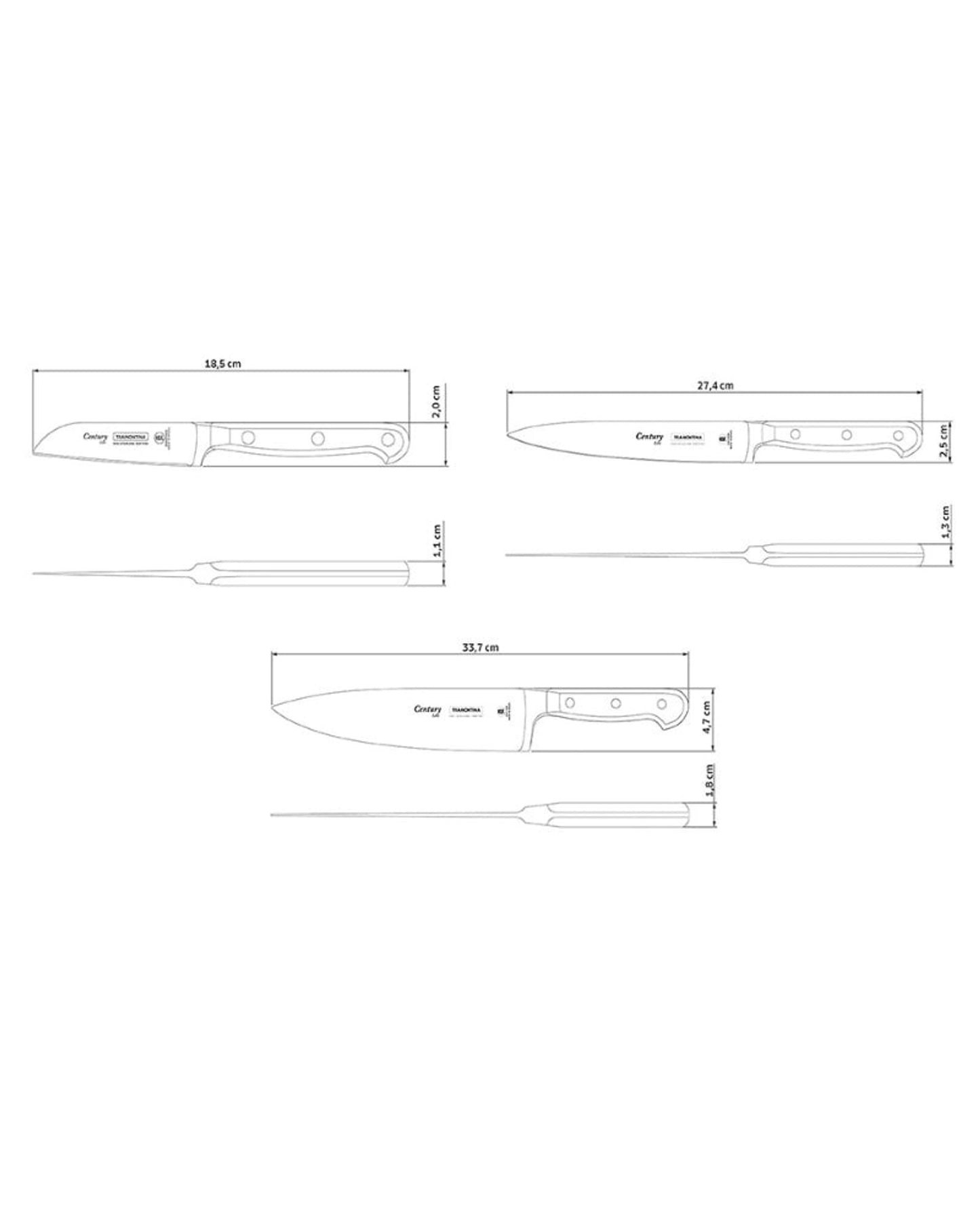 طقم سكاكين ترامونتينا سينشري مكون من 3 قطع بشفرة من الفولاذ المقاوم للصدأ ومقابض من البولي كربونات الأسود