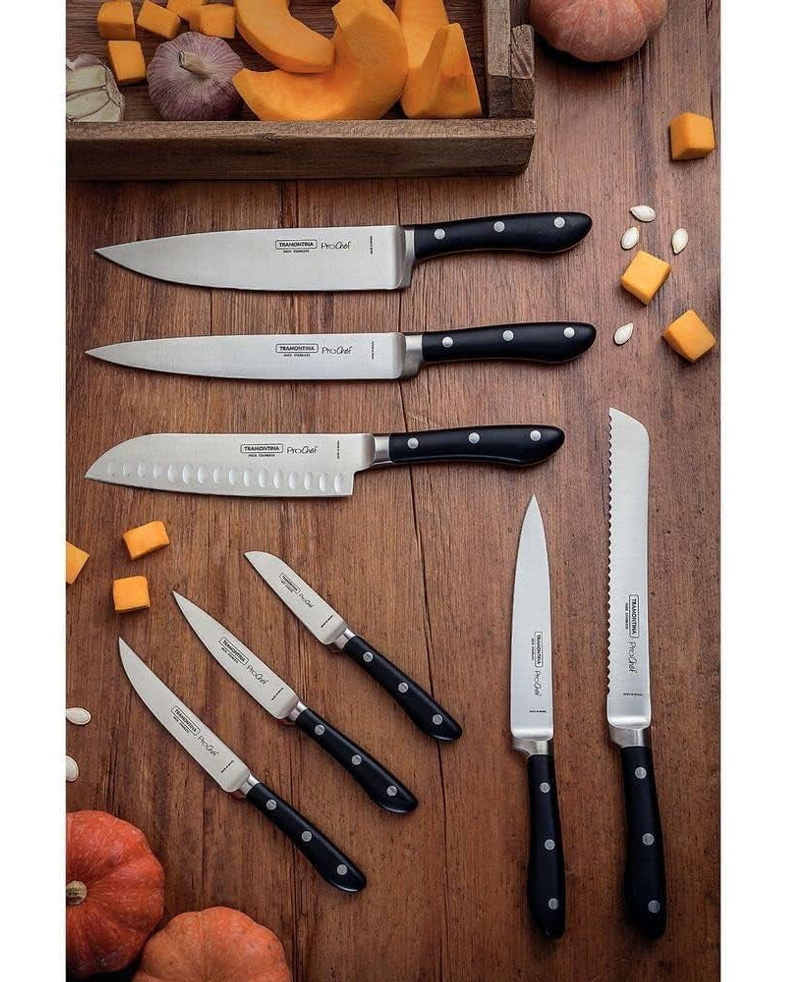 سكين شيف بروشيف من ترامونتينا برازيل، مقاس 8 بوصات، بشفرة من الفولاذ المقاوم للصدأ ومقبض من البولي كربونات الأسود والألياف الزجاجية