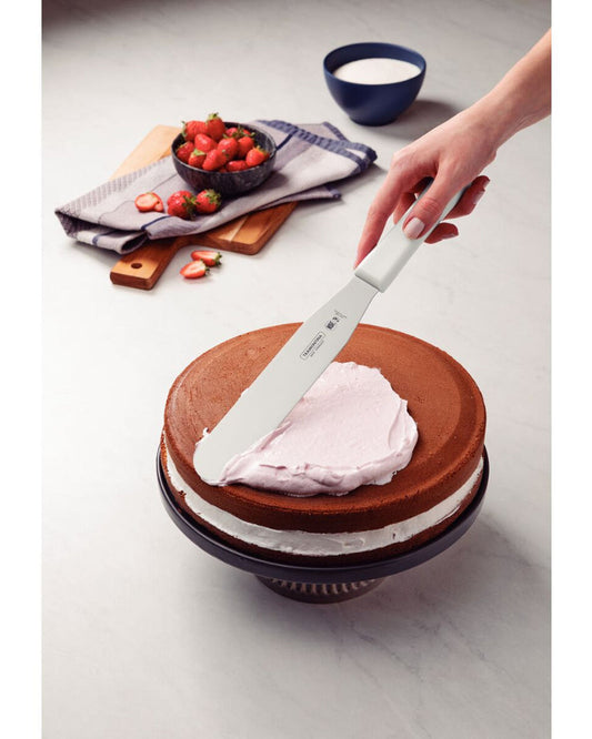 ملعقة ترامونتينا الاحترافية ذات الحافة المنحنية بشفرة من الفولاذ المقاوم للصدأ ومقبض من البولي بروبيلين الأبيض 8 بوصات