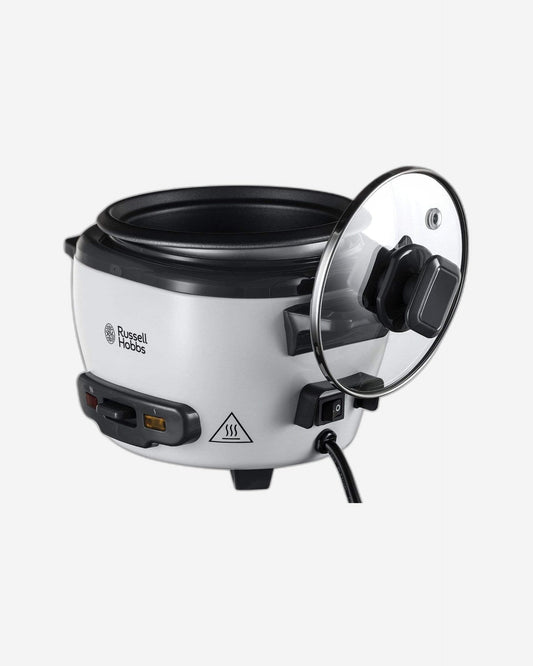 طباخ أرز متوسط الحجم مع جهاز تبخير راسل هوبز (27040GCC) - سعة 2 لتر، طهي متعدد الاستخدامات، يحافظ على الدفء، غير لاصق، غطاء زجاجي، أبيض، 500 واط - ضمان لمدة عام واحد