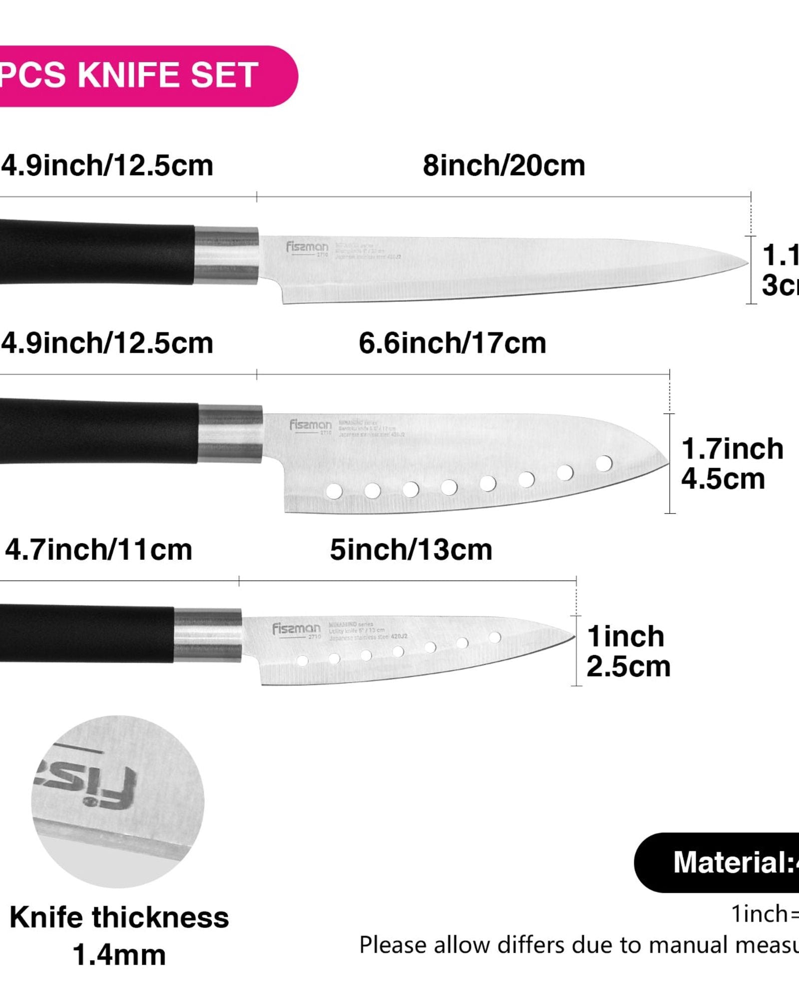 طقم سكاكين فيسمان مينامينو 420J2 فولاذ، مكون من 3 قطع