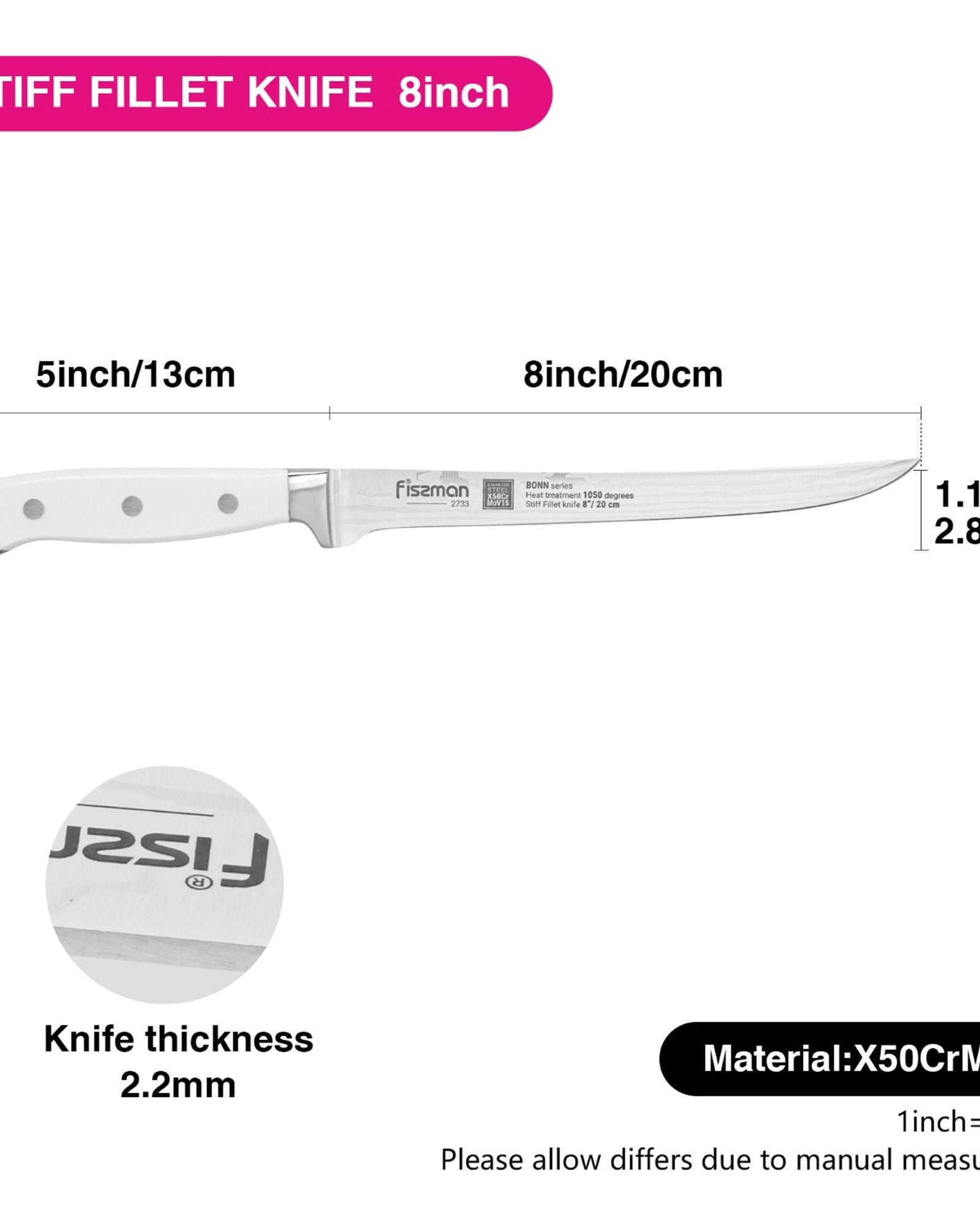 سكين فيسمان لتقطيع شرائح اللحم الصلبة مقاس 8 بوصات من بون - فولاذ X50CrMoV15