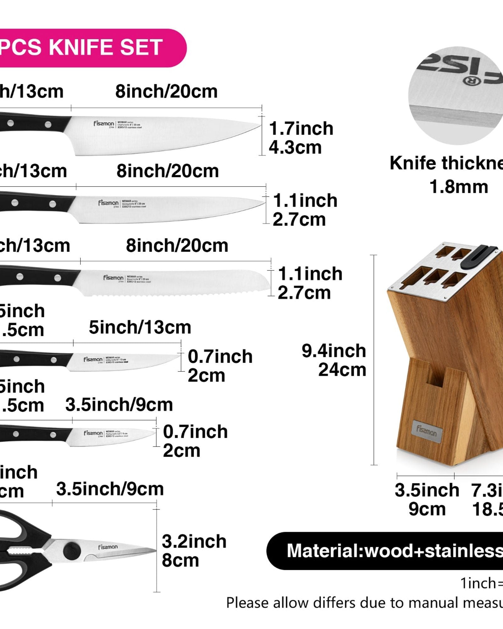 طقم سكاكين فيسمان فايمار، 7 قطع، مع كتلة خشبية ومبراة مدمجة، فولاذ X30Cr13