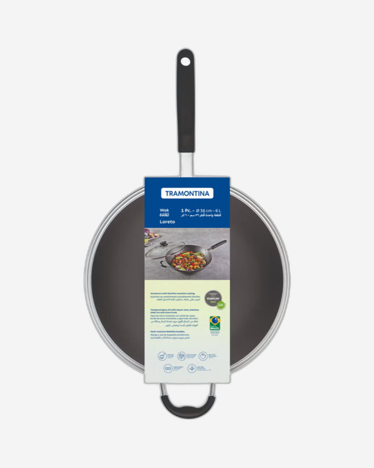 مقلاة ووك من الألومنيوم من ترامونتينا برازيل لوريتو مع طلاء ستارفلون ماكس الداخلي غير اللاصق ومقبض من الباكليت جرافيت 36 سم، 6 لتر