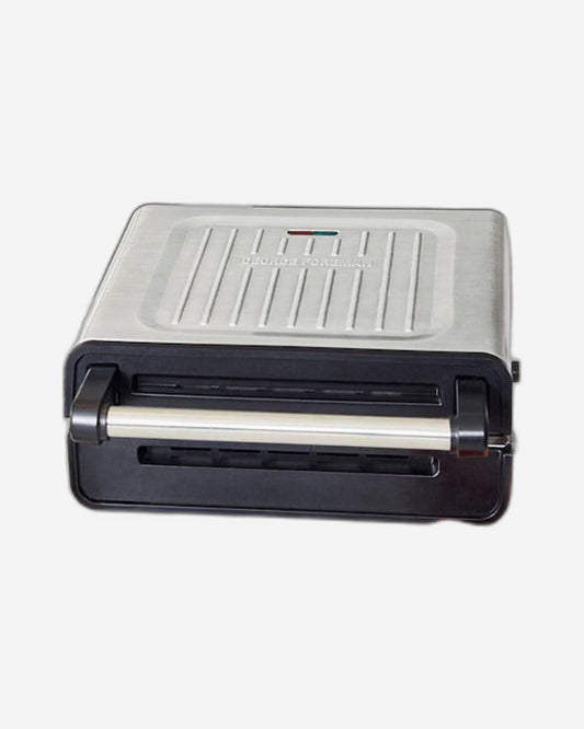 شواية كهربائية جورج فورمان بدون دخان وغير لاصقة، شواية داخلية ولوح تسخين مع صينية تنقيط مدمجة (28000)، من الفولاذ المقاوم للصدأ (فضي) - ضمان لمدة عام واحد