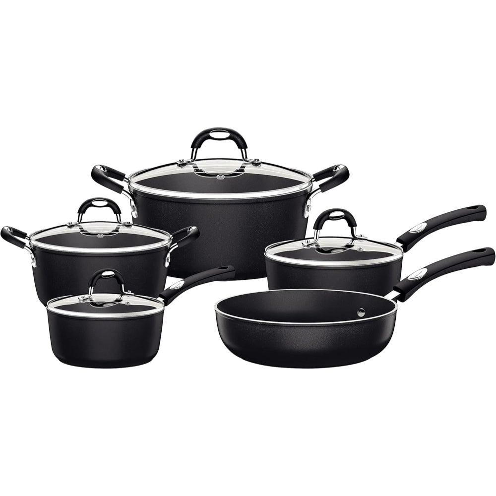 Tramontina Brazil Monaco Induction Ready 9 Pieces Black Aluminum Cookware Set with Interior and Exterior Starflon Premium Nonstick Coating
