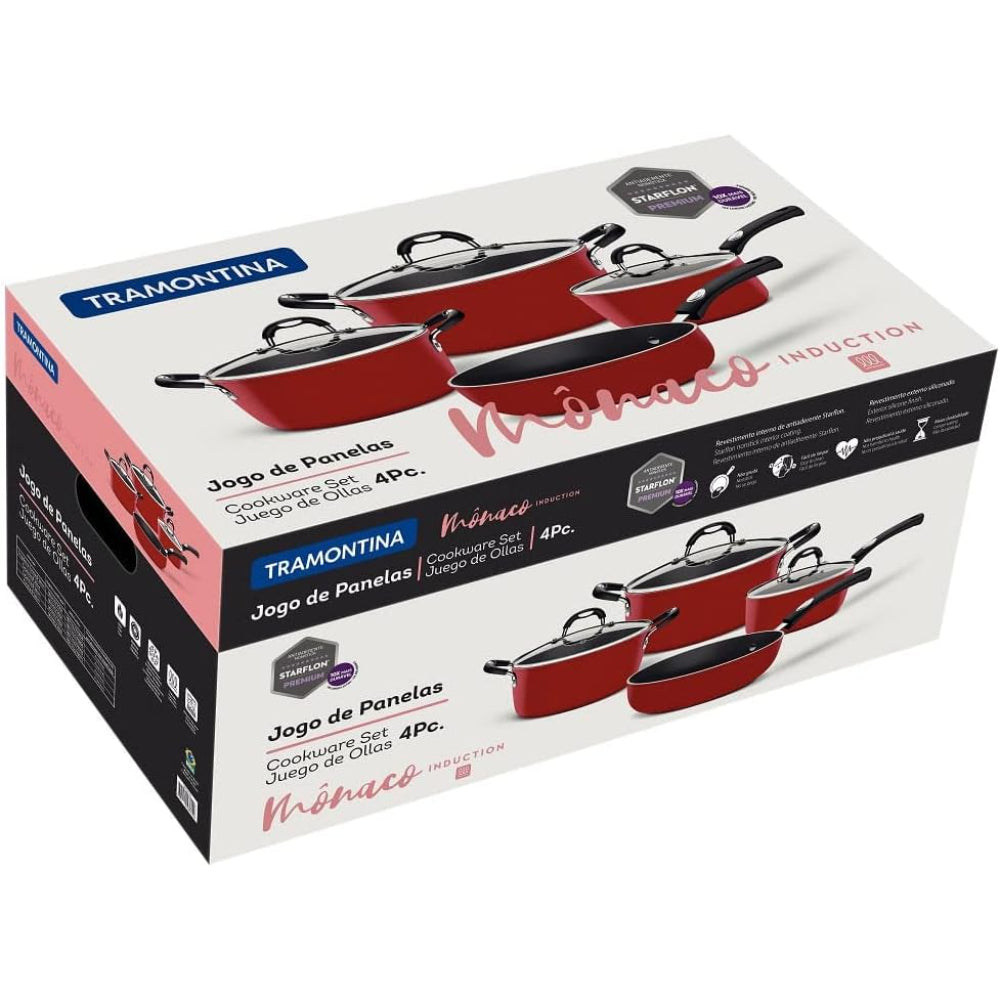 طقم أواني طهي ترامونتينا برازيل موناكو إندكشن من 7 قطع من الألومنيوم الأسود مع طلاء ستارفلون بريميوم غير لاصق خالٍ من حمض بيرفلورو الأوكتانويك (PFOA) من الداخل والخارج