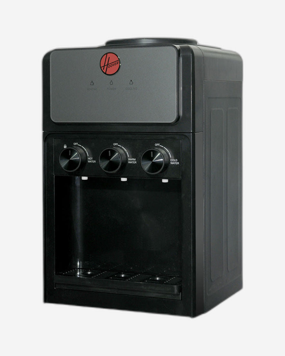 موزع مياه هوفر للطاولة، ٣ فوهات مياه ساخنة وباردة ومحيطة، قفل أمان للأطفال، مقبض تحكم، خزان بارد ممتد من الفولاذ المقاوم للصدأ، ضمان لمدة عام، لون رمادي فضي - HWD-ST-02S