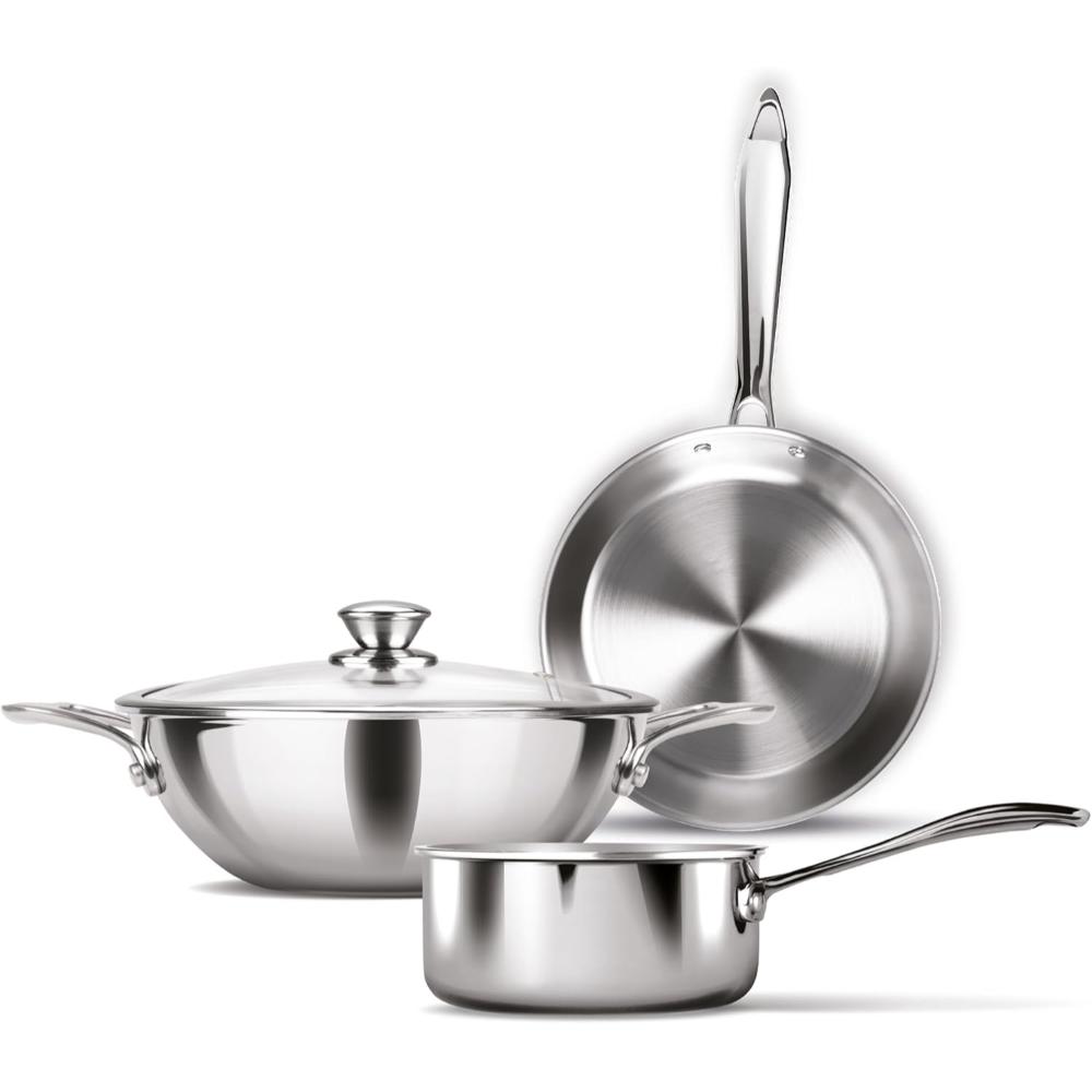 MILTON Pro cook Procook Triply Induction Base Cookware Set of 3 Stainless Steel |Sauce Pan 14 cm, Fry Pan 24 cm, Kadhai 24 cm with Glass Lid 24 cm, Silver