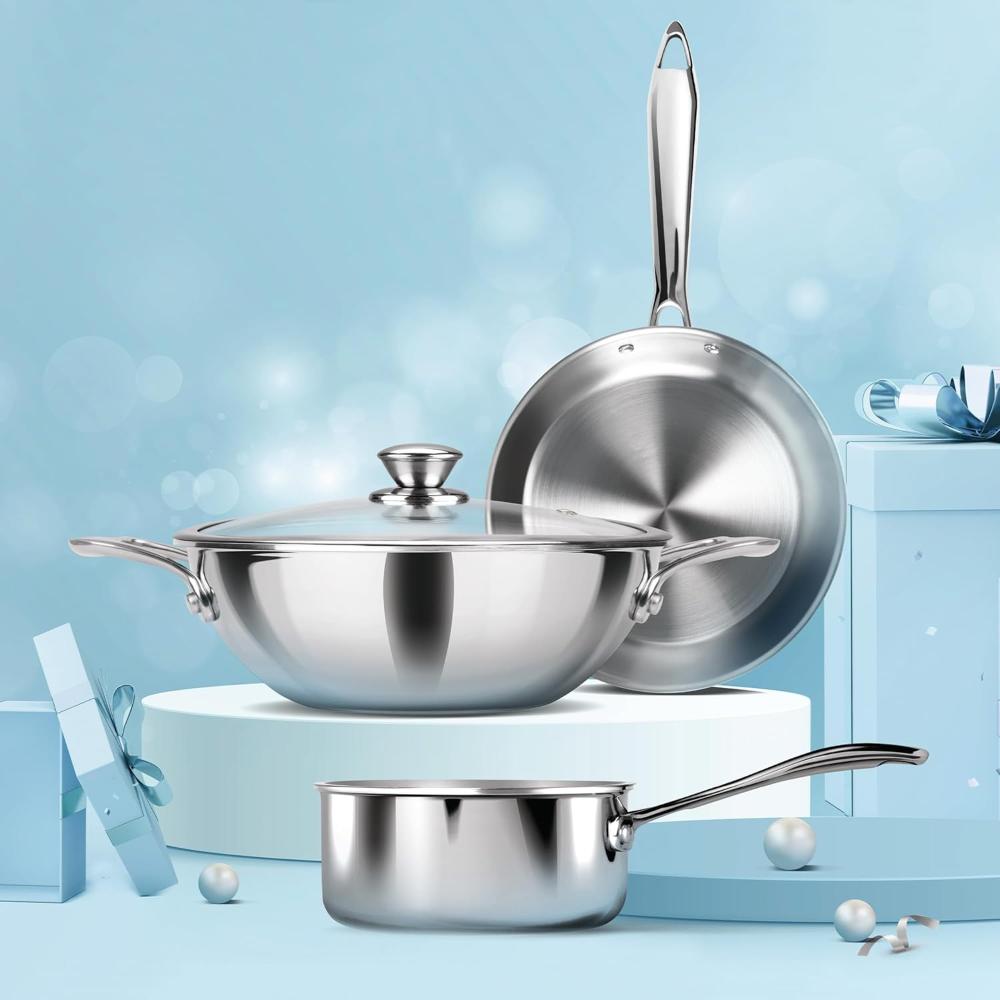 مجموعة أواني طهي ميلتون برو كوك ثلاثية القاعدة من الفولاذ المقاوم للصدأ | مقلاة صلصة 14 سم، مقلاة 24 سم، مقلاة كادهاي 24 سم مع غطاء زجاجي 24 سم، فضي