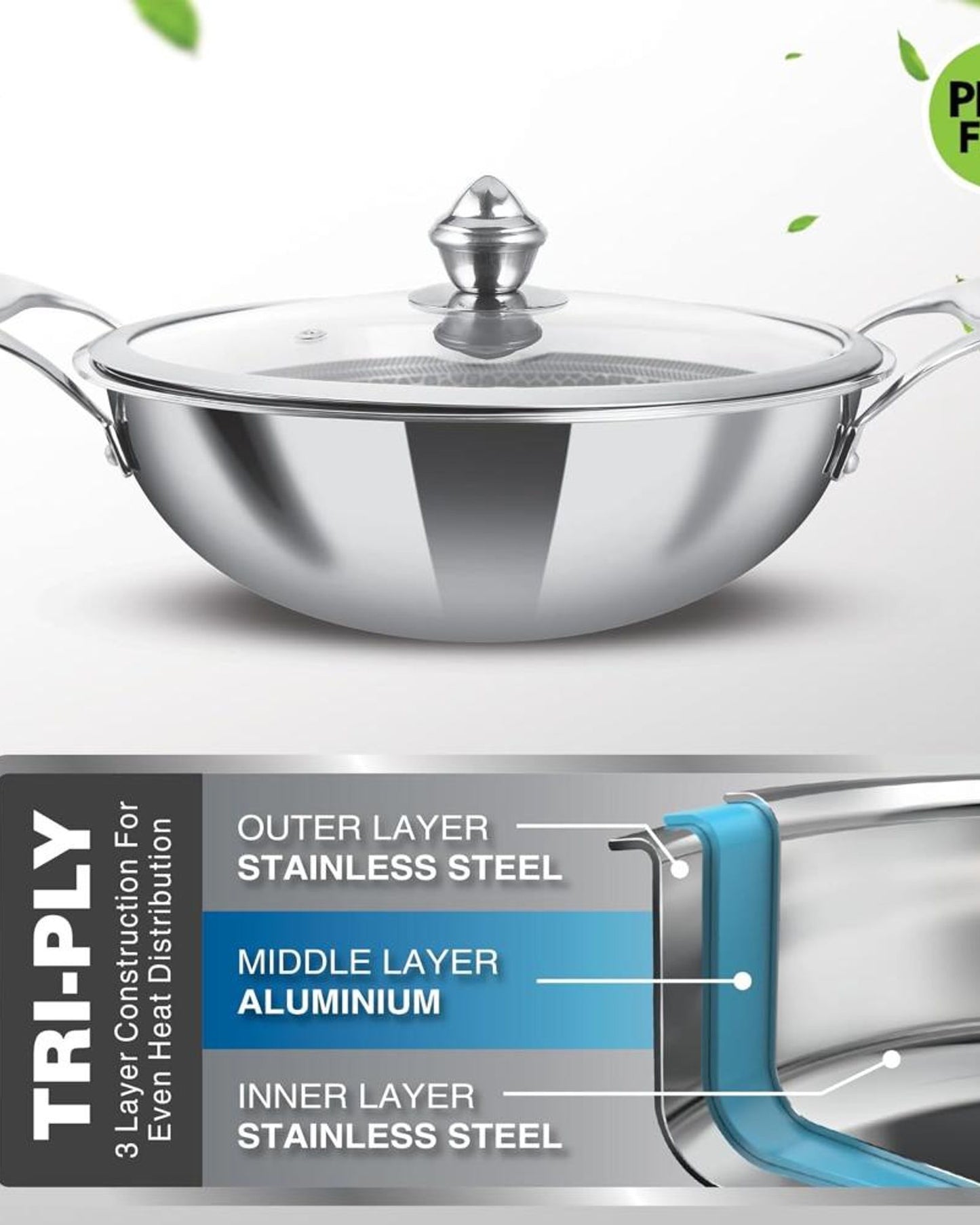 ميلتون برو كوك تريبلي هيكسا تيك إندكشن ستانلس ستيل كادهاي مع غطاء زجاجي، 24 سم، فضي، كادهاي ثلاثي الطبقات للطهي، قاعدة حثية وأواني طهي جاهزة لموقد الغاز، سهلة التنظيف