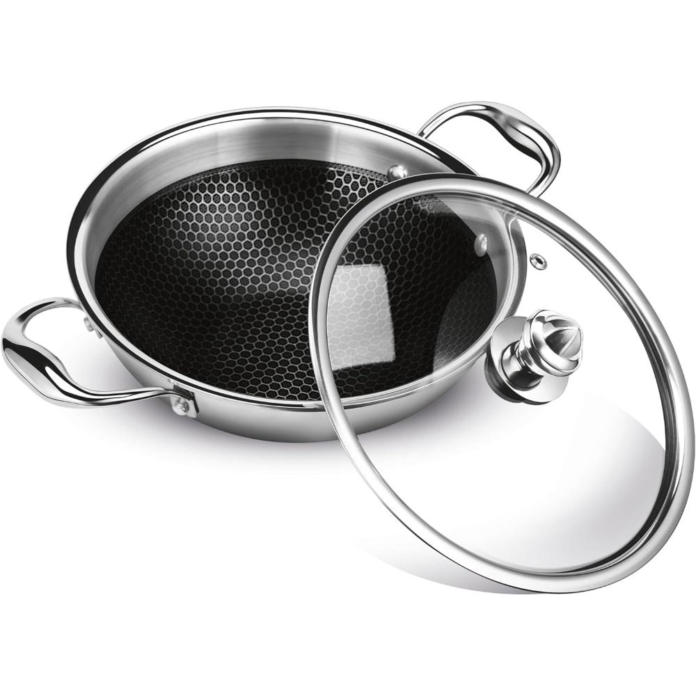 MILTON Pro Cook Triply Hexa Tech Induction Stainless Steel Kadhai with Glass Lid, 26 cm,Silver, 3 Layer Kadhai for Cooking, Induction Bottom and Gas Stove Ready Cookware, Easy to Clean