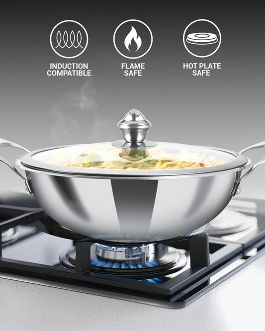 ميلتون برو كوك تريبلي هيكسا تيك إندكشن ستانلس ستيل كادهاي مع غطاء زجاجي، 26 سم، فضي، كادهاي ثلاثي الطبقات للطهي، قاعدة حثية وأواني طهي جاهزة لموقد الغاز، سهلة التنظيف