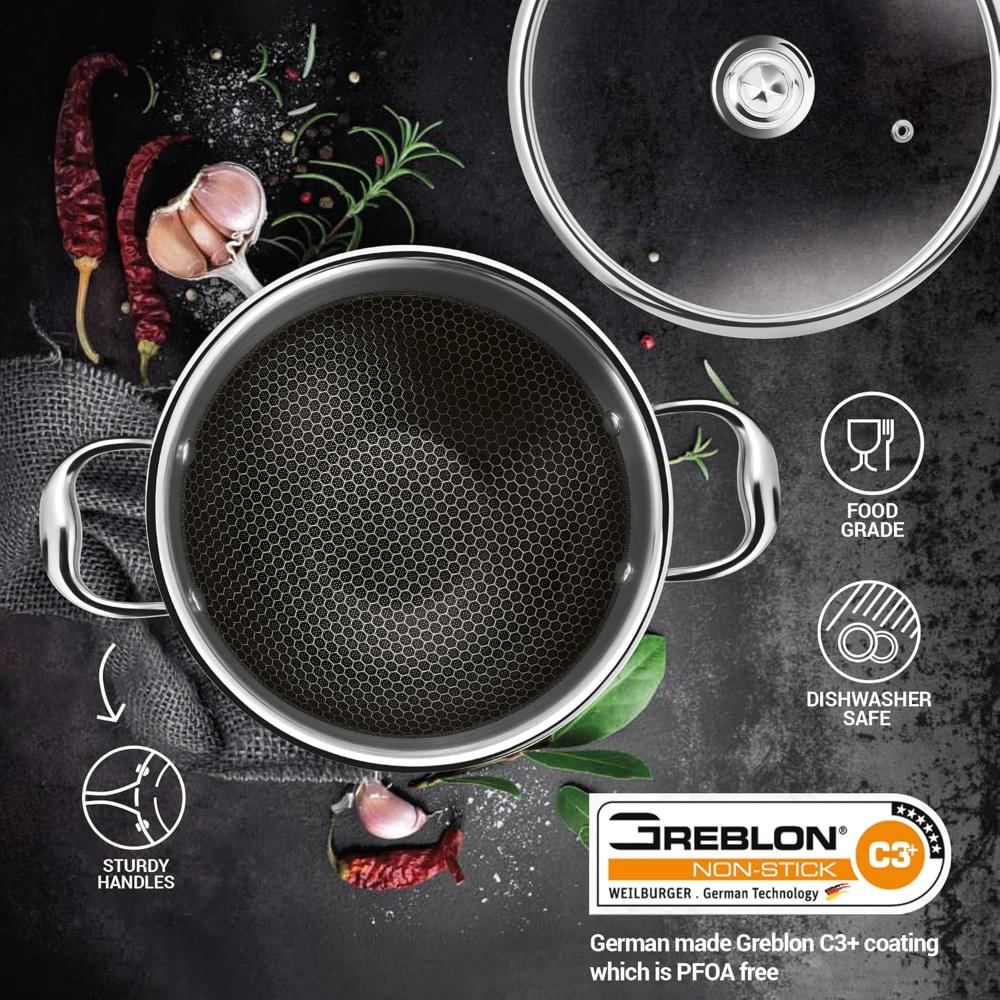 ميلتون برو كوك تريبلي هيكسا تيك إندكشن ستانلس ستيل كادهاي مع غطاء زجاجي، 26 سم، فضي، كادهاي ثلاثي الطبقات للطهي، قاعدة حثية وأواني طهي جاهزة لموقد الغاز، سهلة التنظيف