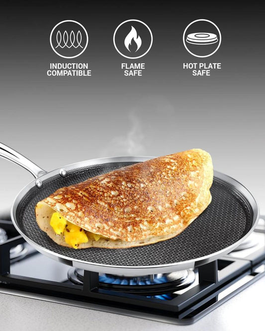 ميلتون برو كوك تريبلي هيكسا تيك إندكشن ستانلس ستيل، 32 سم، فضي، هيكل مانع للالتصاق على شكل قرص العسل، مقبض قوي، آمن للاستخدام مع الطعام، آمن على اللهب والطبق الساخن