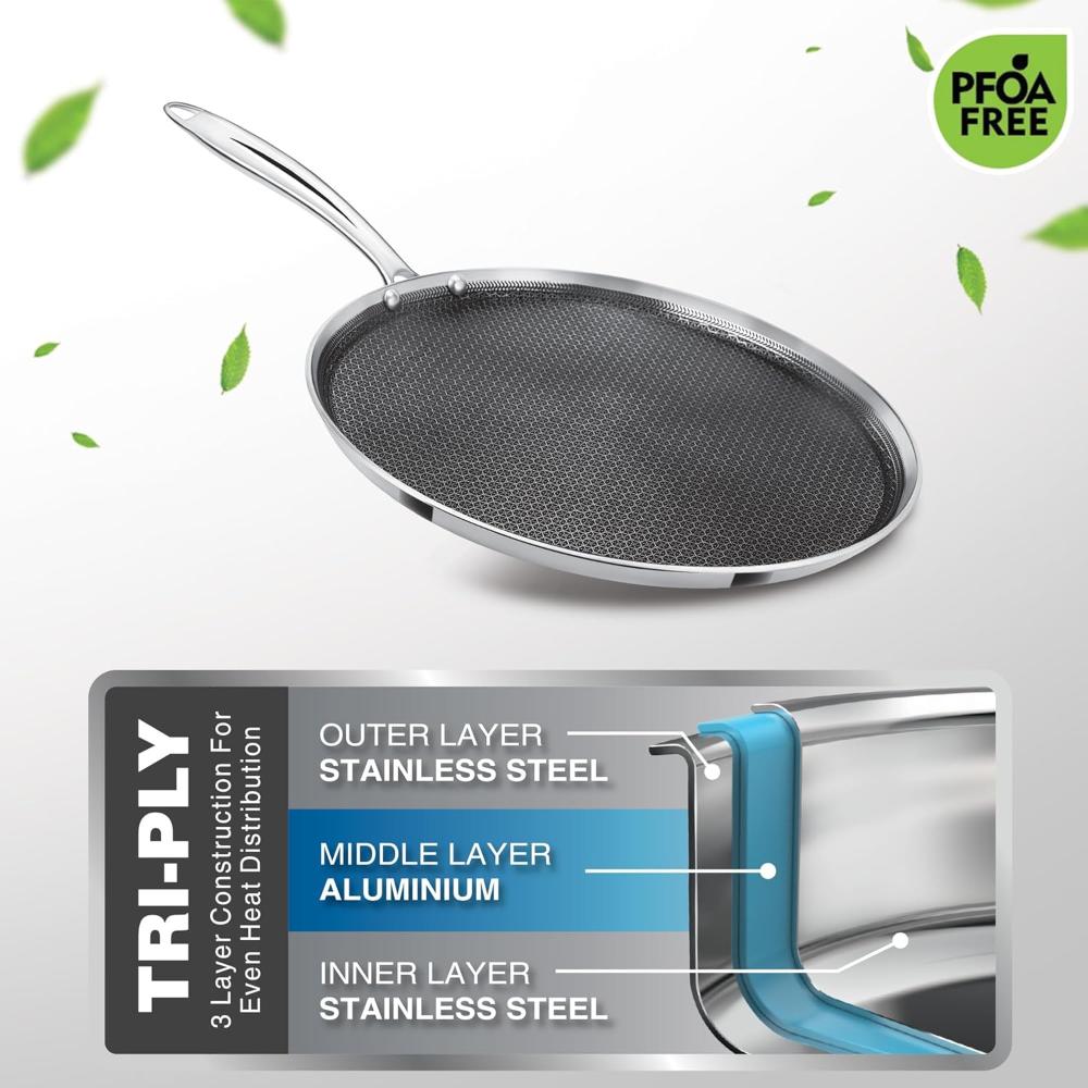 ميلتون برو كوك تريبلي هيكسا تيك إندكشن ستانلس ستيل، 32 سم، فضي، هيكل مانع للالتصاق على شكل قرص العسل، مقبض قوي، آمن للاستخدام مع الطعام، آمن على اللهب والطبق الساخن