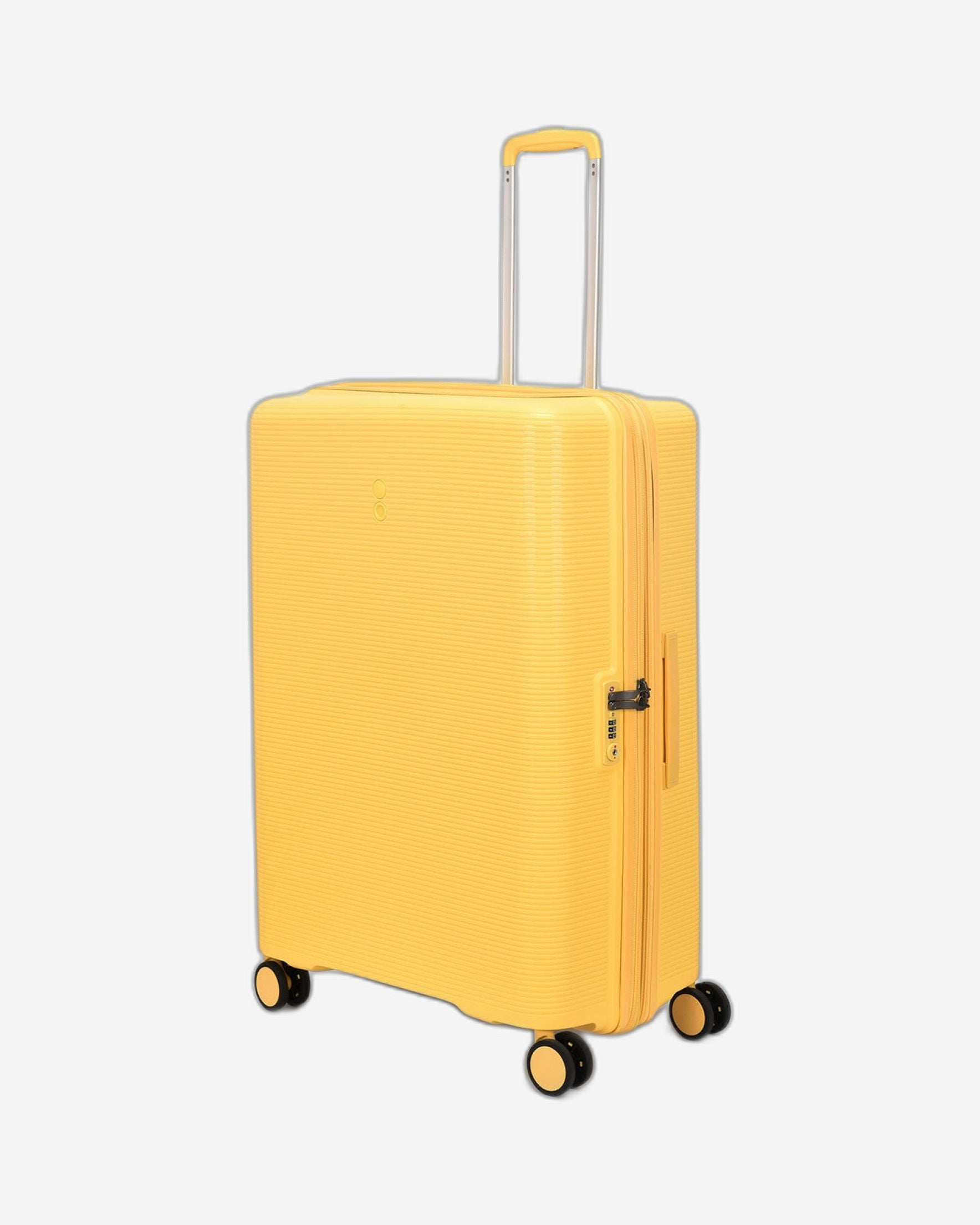 مجموعة أمتعة إيكولاك فورزا ٥٥+٦٥+٧٥ سم، حقيبة صلبة بأربع عجلات مزدوجة قابلة للتوسيع، لون أصفر مانجو، مناسبة للمقصورة والتسجيل