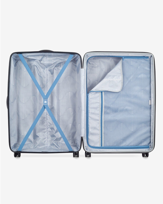 مجموعة حقائب ديلسي باريس تيفاني الصلبة بأربع عجلات مزدوجة قابلة للتوسيع، مقاس 55+70+82 سم، لون أزرق + حقيبة ظهر مجانية