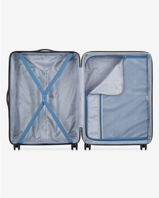 مجموعة حقائب ديلسي باريس تيفاني الصلبة بأربع عجلات مزدوجة قابلة للتوسيع، مقاس 55+70+82 سم، لون أزرق + حقيبة ظهر مجانية