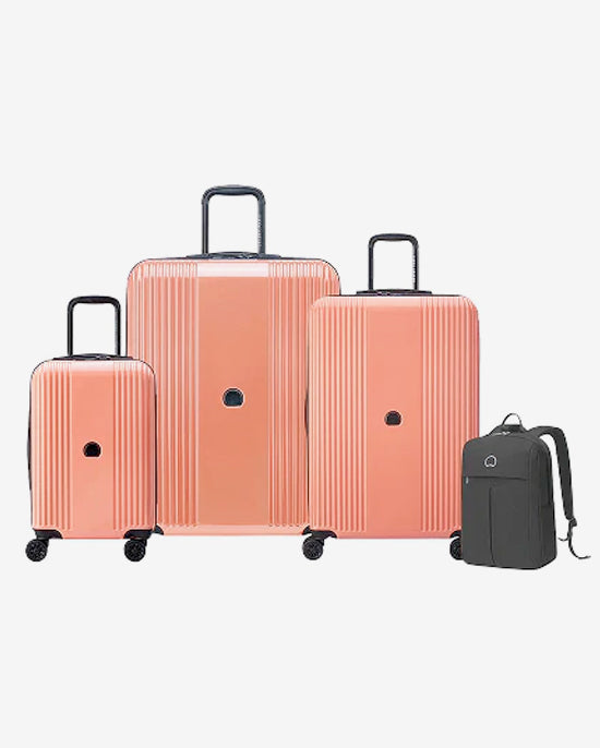 مجموعة حقائب ديلسي باريس أوفيلي الصلبة، مقاس 55+70+82 سم، مزودة بأربع عجلات مزدوجة قابلة للتوسيع، مناسبة لكابينة السفر وتسجيل الوصول، باللون الوردي اللامع، مع حقيبة ظهر مجانية