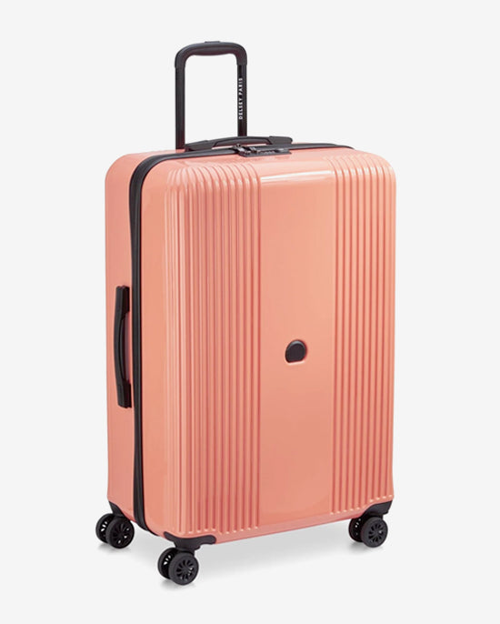 مجموعة حقائب ديلسي باريس أوفيلي الصلبة، مقاس 55+70+82 سم، مزودة بأربع عجلات مزدوجة قابلة للتوسيع، مناسبة لكابينة السفر وتسجيل الوصول، باللون الوردي اللامع، مع حقيبة ظهر مجانية