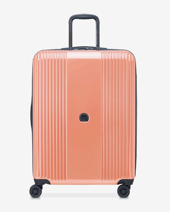 مجموعة حقائب ديلسي باريس أوفيلي الصلبة، مقاس 55+70+82 سم، مزودة بأربع عجلات مزدوجة قابلة للتوسيع، مناسبة لكابينة السفر وتسجيل الوصول، باللون الوردي اللامع، مع حقيبة ظهر مجانية