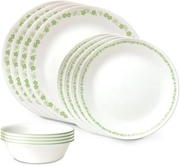 Corelle Spring Blossom Green 12-piece Dinnerware Set, Service for 4. (1150543) - Includes 4 x Dinner Plates, Side Plates & Bowls