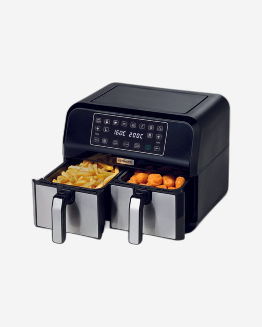 مقلاة كينوود الهوائية الرقمية المزدوجة سعة 1.7 كجم + 1.7 كجم، سعة 4 لتر + 4 لتر، مع تقنية DualZone وسلال قلي مزدوجة للقلي والشواء والشواء والتحميص والخبز والتحميص وإعادة التسخين HFM75.000MB، لون أسود