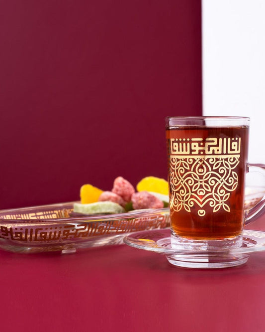 دملاج شافا استكانة وصحون شاي 6 قطع ذهبي