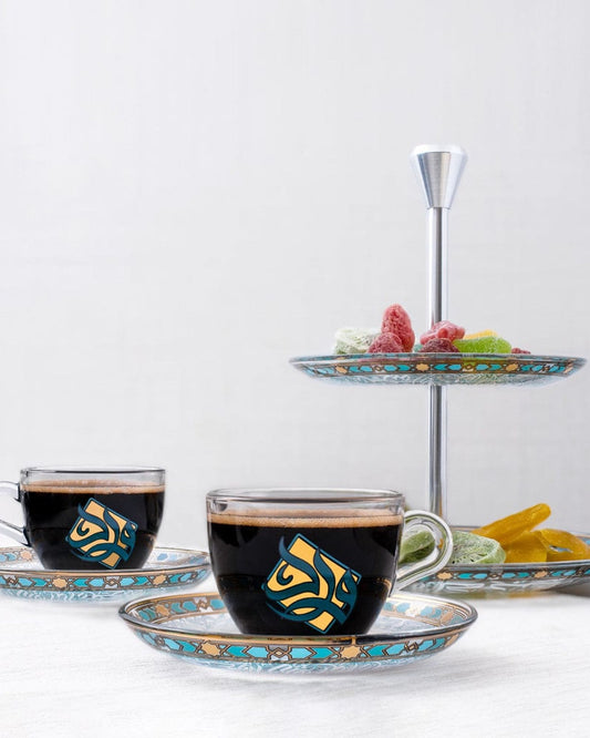 طقم قهوة إسبريسو ديملاج وورود، 6 قطع، ذهبي وأخضر