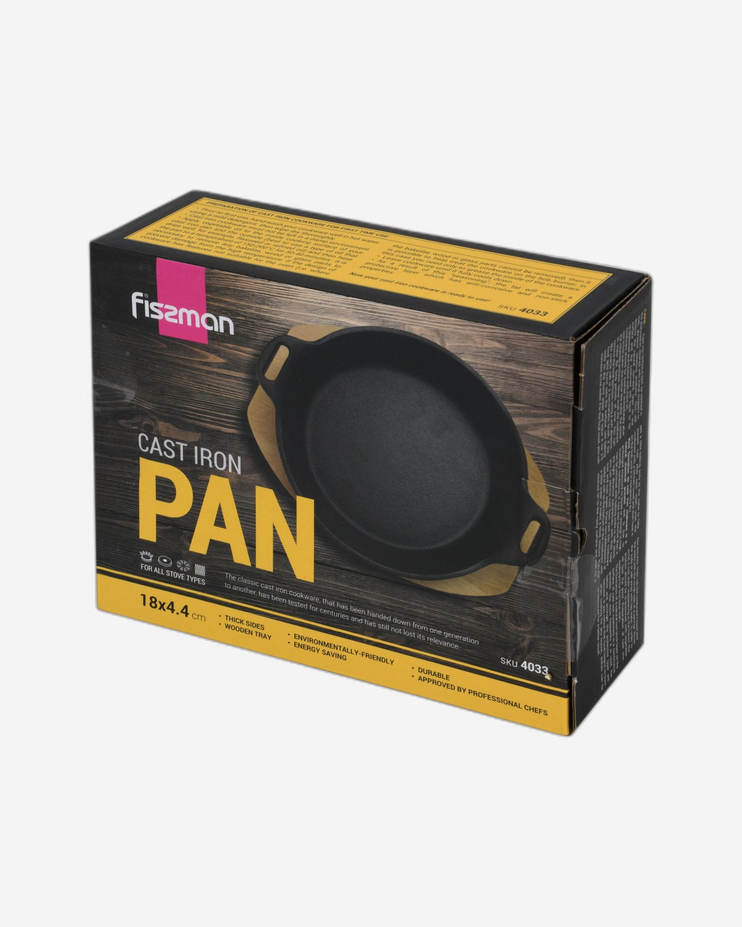 مقلاة فيسمان المصنوعة من الحديد الزهر بمقبضين جانبيين وصينية خشبية