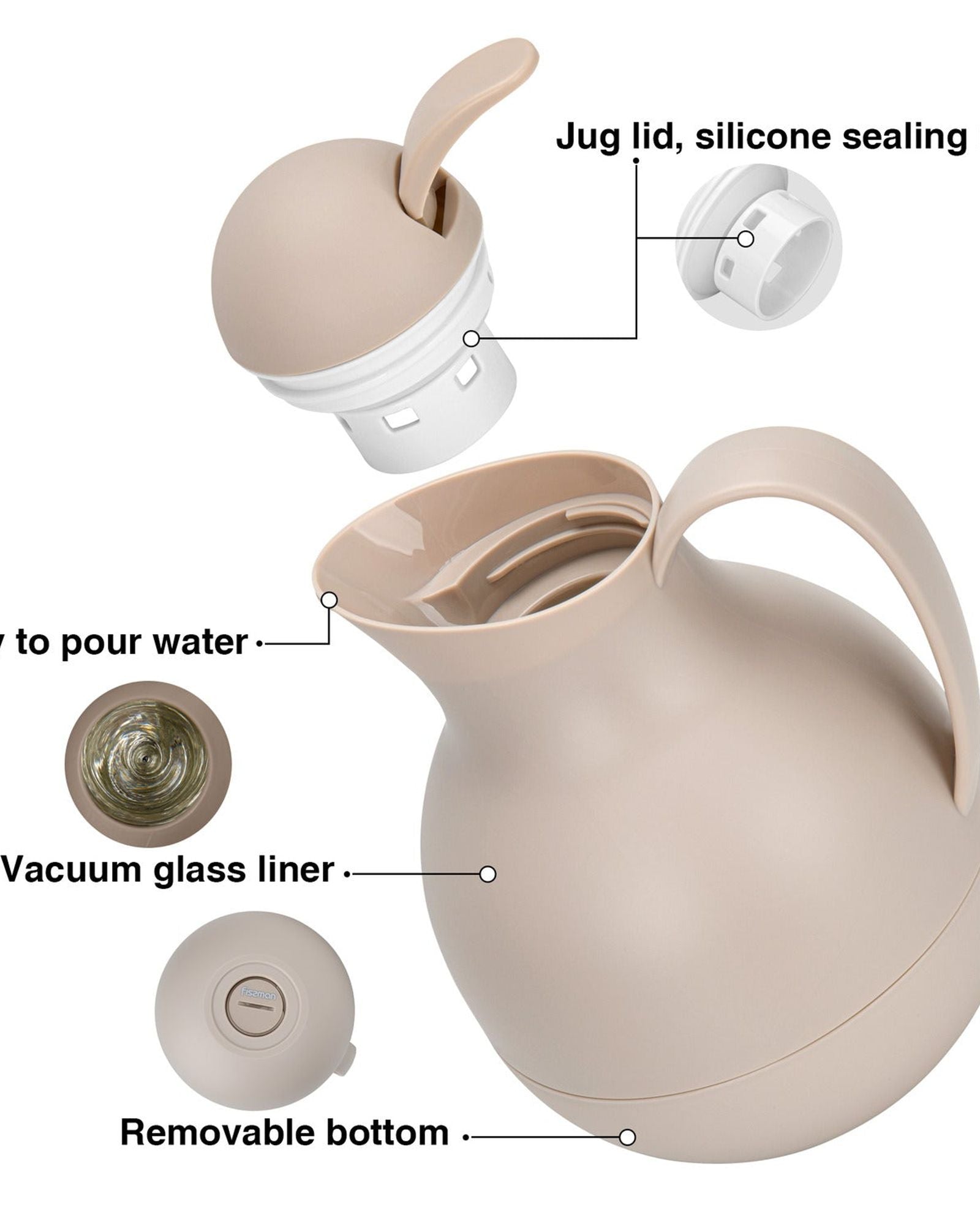 قارورة فيسمان المعزولة بالفراغ سعة 1000 مل بلون كريمة الموكا مع زجاج أبيض خالٍ من الأسبستوس